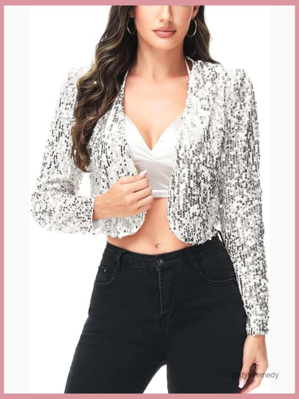 Sequin Long Sleeve Cropped Blazer Bolero Shrug with Shoulder Pads